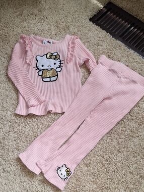Hello Kitty Pink Ribbed Top and Pants Set with Gold Glitter Accents
